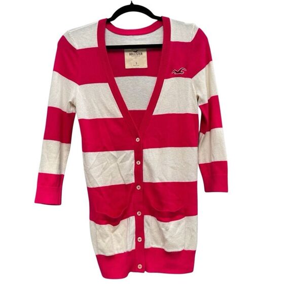 Hollister California Pink & White Stripe V Neck Button Down Cardigan Small - Picture 2 of 6
